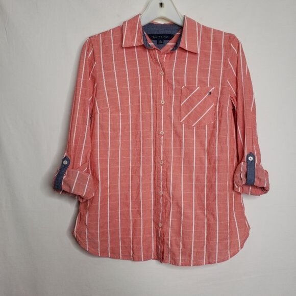 Tommy Hilfiger Roll Tab Stripe Convertible Button Down Shirt Top Women's Size XS - Picture 7 of 11